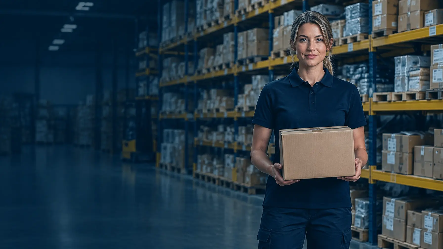 Warehouse operator holding a parcel among fulfilment shelves