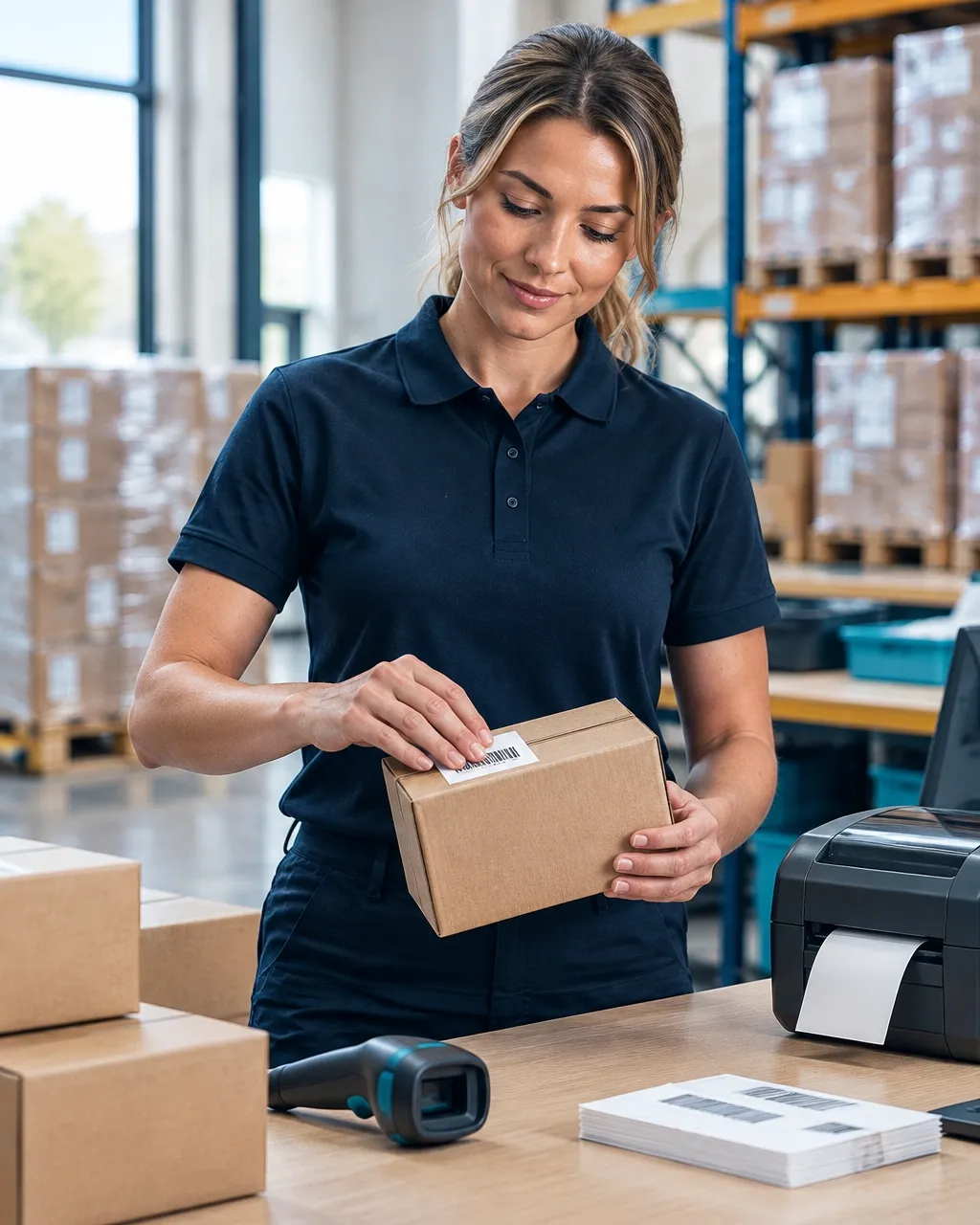 Fulfilment operator applying a barcode label to a carton at a prep station